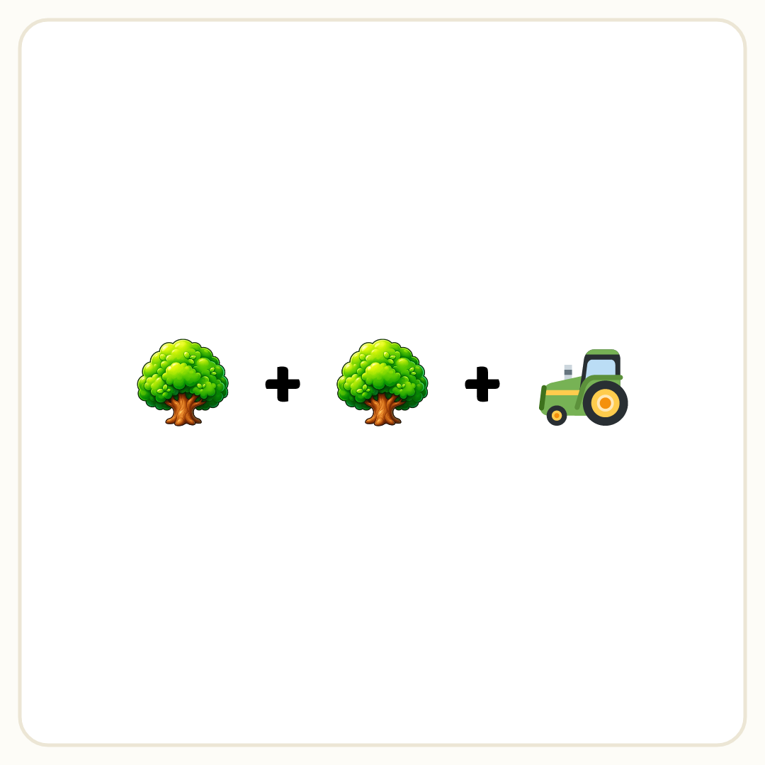 Rebus puzzle: a picture of a tree, then the symbol &quot;+&quot;, then a picture of a tree, then the symbol &quot;+&quot;, then a picture of a tractor