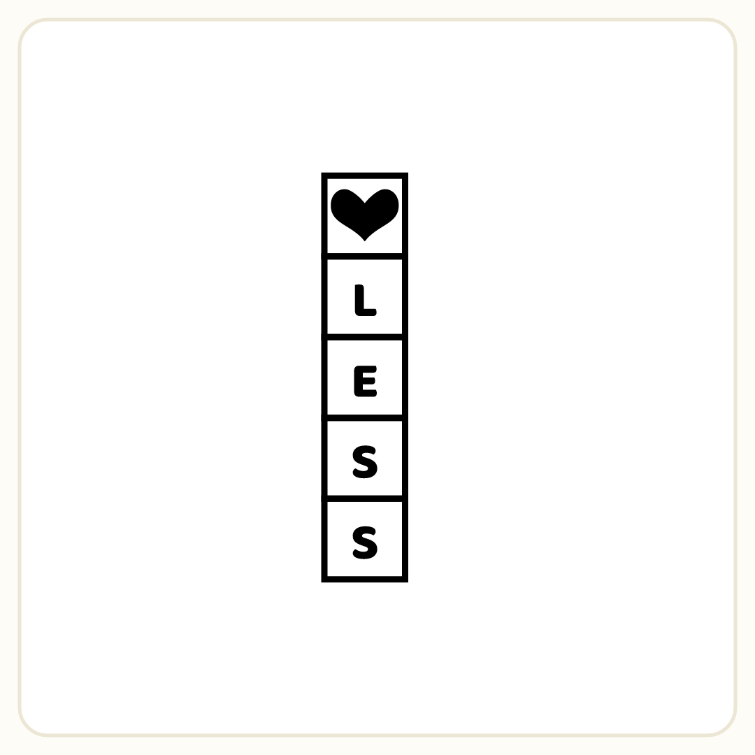 Rebus puzzle: A vertical column of five crossword squares. The top square contains a heart symbol, the others show L, E, S, S