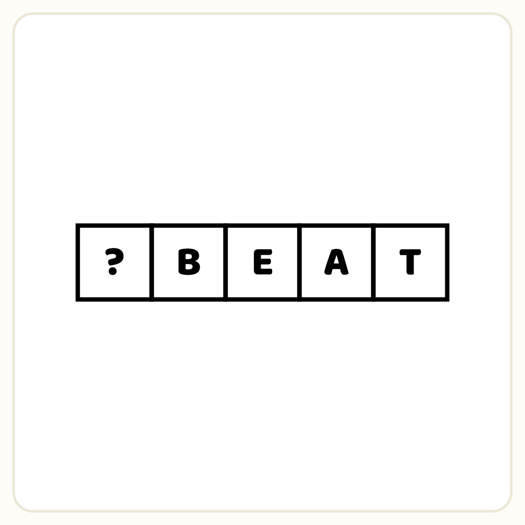 Rebus puzzle: A row of five crossword squares. The first square shows a question mark, the others show B, E, A, T