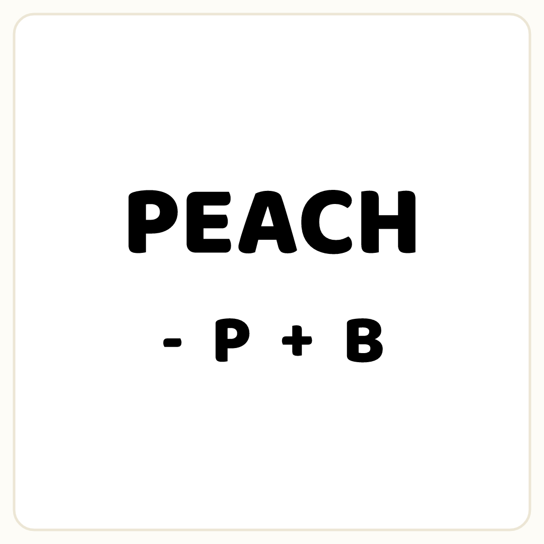 Rebus puzzle: the word &quot;PEACH&quot;, printed directly above the symbol &quot;-&quot;, then the word &quot;P&quot;, then the symbol &quot;+&quot;, then the word &quot;B&quot;
