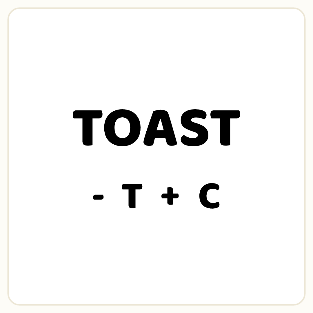 Rebus puzzle: the word &quot;TOAST&quot;, printed directly above the symbol &quot;-&quot;, then the word &quot;T&quot;, then the symbol &quot;+&quot;, then the word &quot;C&quot;