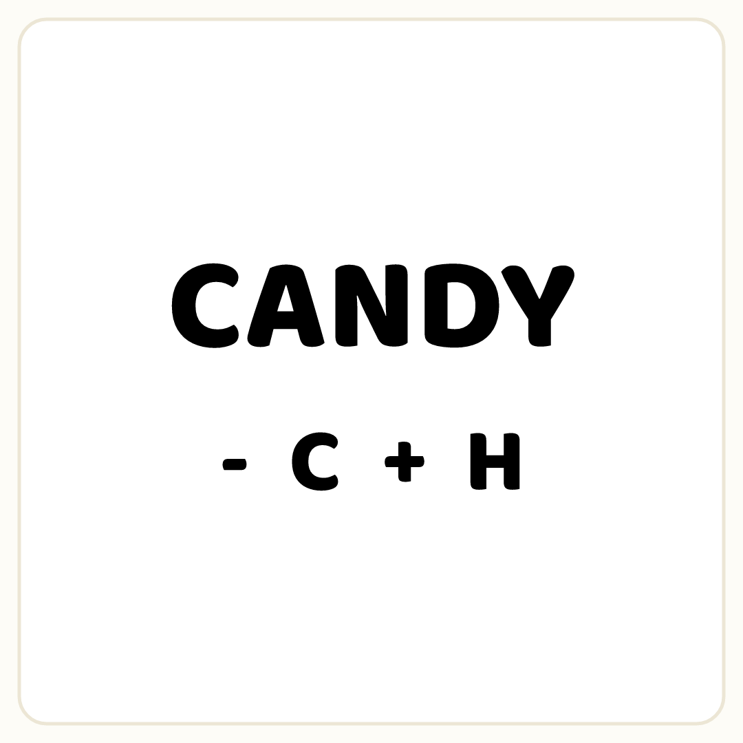 Rebus puzzle: the word &quot;CANDY&quot;, printed directly above the symbol &quot;-&quot;, then the word &quot;C&quot;, then the symbol &quot;+&quot;, then the word &quot;H&quot;