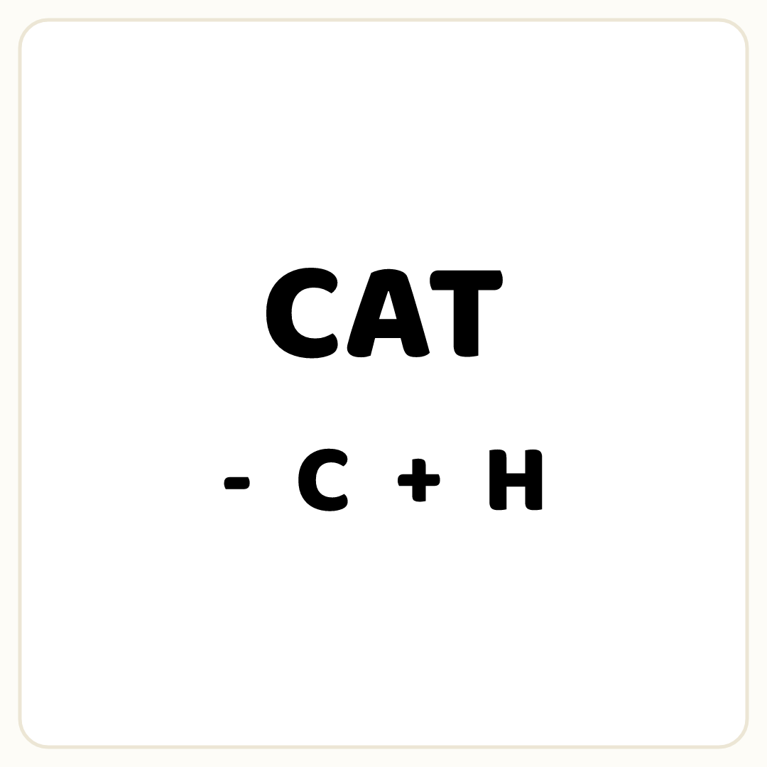 Rebus puzzle: the word &quot;CAT&quot;, printed directly above the symbol &quot;-&quot;, then the word &quot;C&quot;, then the symbol &quot;+&quot;, then the word &quot;H&quot;