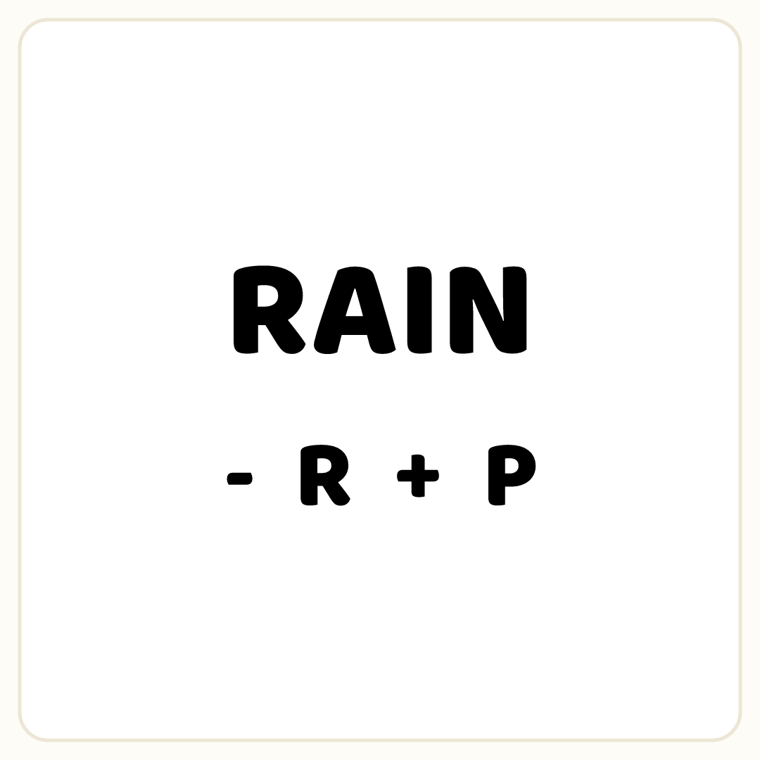 Rebus puzzle: the word &quot;RAIN&quot;, printed directly above the symbol &quot;-&quot;, then the word &quot;R&quot;, then the symbol &quot;+&quot;, then the word &quot;P&quot;