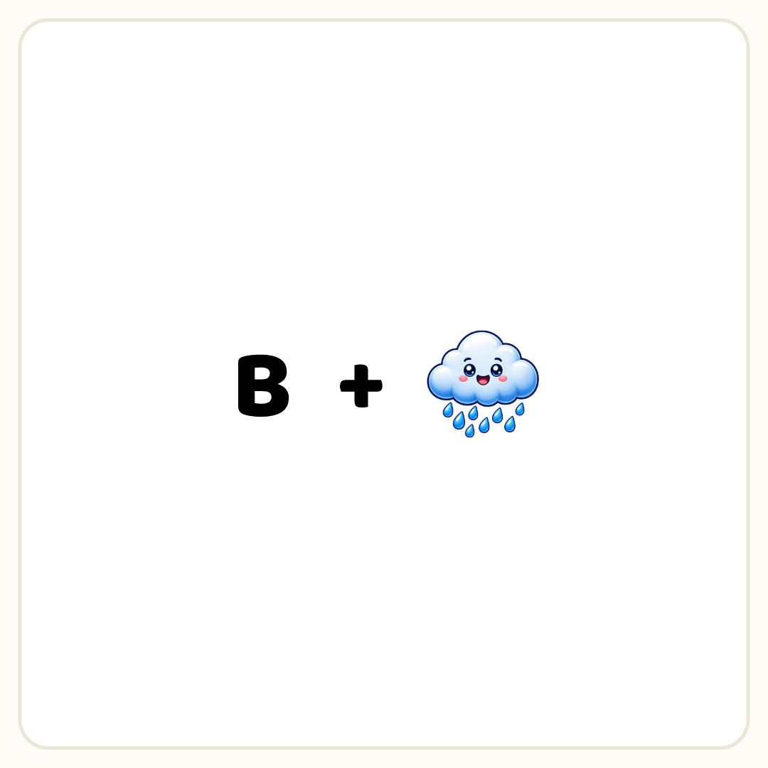 Rebus puzzle: the word &quot;B&quot;, then the symbol &quot;+&quot;, then a picture of a rain