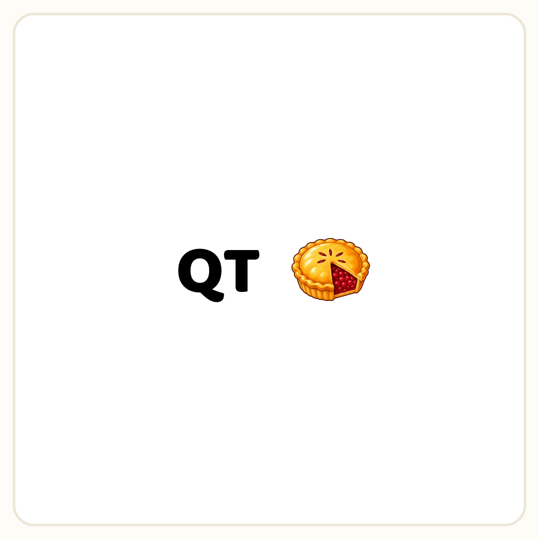 Rebus puzzle: the word &quot;QT&quot;, then a picture of a pie