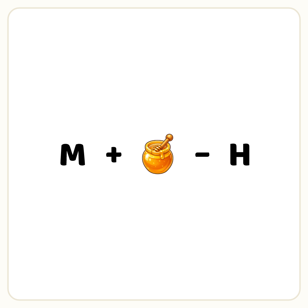 Rebus puzzle: the word &quot;M&quot;, then the symbol &quot;+&quot;, then a picture of a honey, then the symbol &quot;−&quot;, then the word &quot;H&quot;