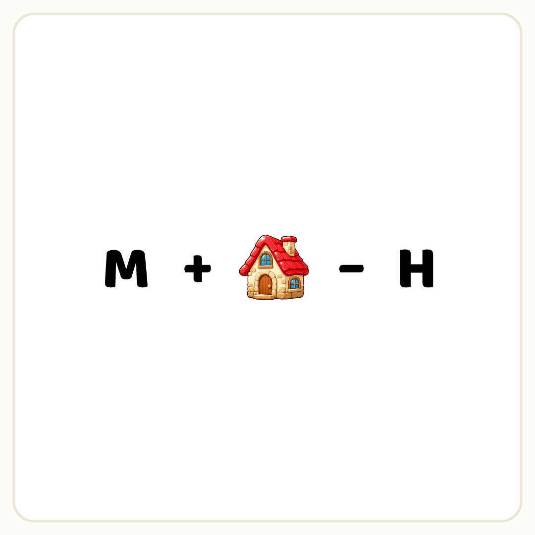 Rebus puzzle: the word &quot;M&quot;, then the symbol &quot;+&quot;, then a picture of a house, then the symbol &quot;−&quot;, then the word &quot;H&quot;