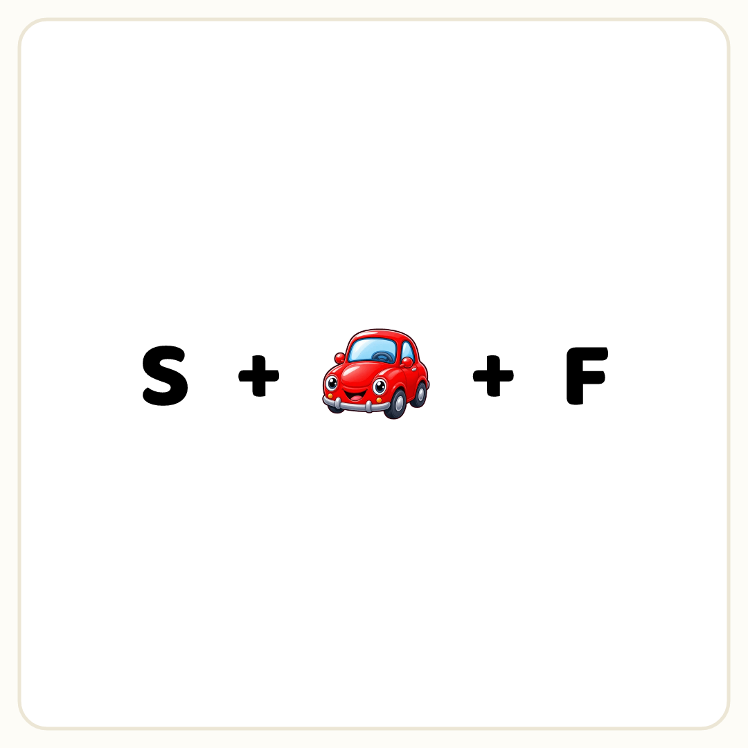 Rebus puzzle: the word &quot;S&quot;, then the symbol &quot;+&quot;, then a picture of a car, then the symbol &quot;+&quot;, then the word &quot;F&quot;