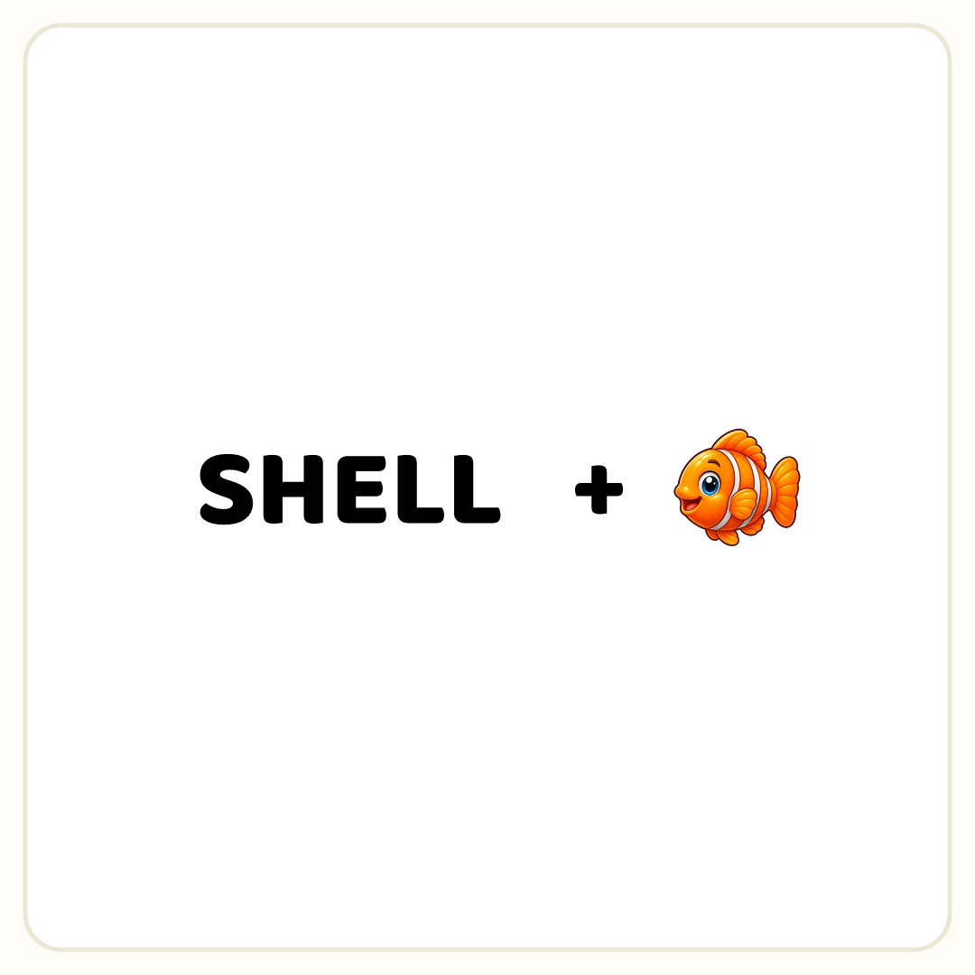 Rebus puzzle: the word &quot;SHELL&quot;, then the symbol &quot;+&quot;, then a picture of a fish