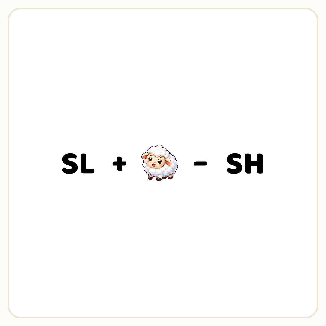 Rebus puzzle: the word &quot;SL&quot;, then the symbol &quot;+&quot;, then a picture of a sheep, then the symbol &quot;−&quot;, then the word &quot;SH&quot;