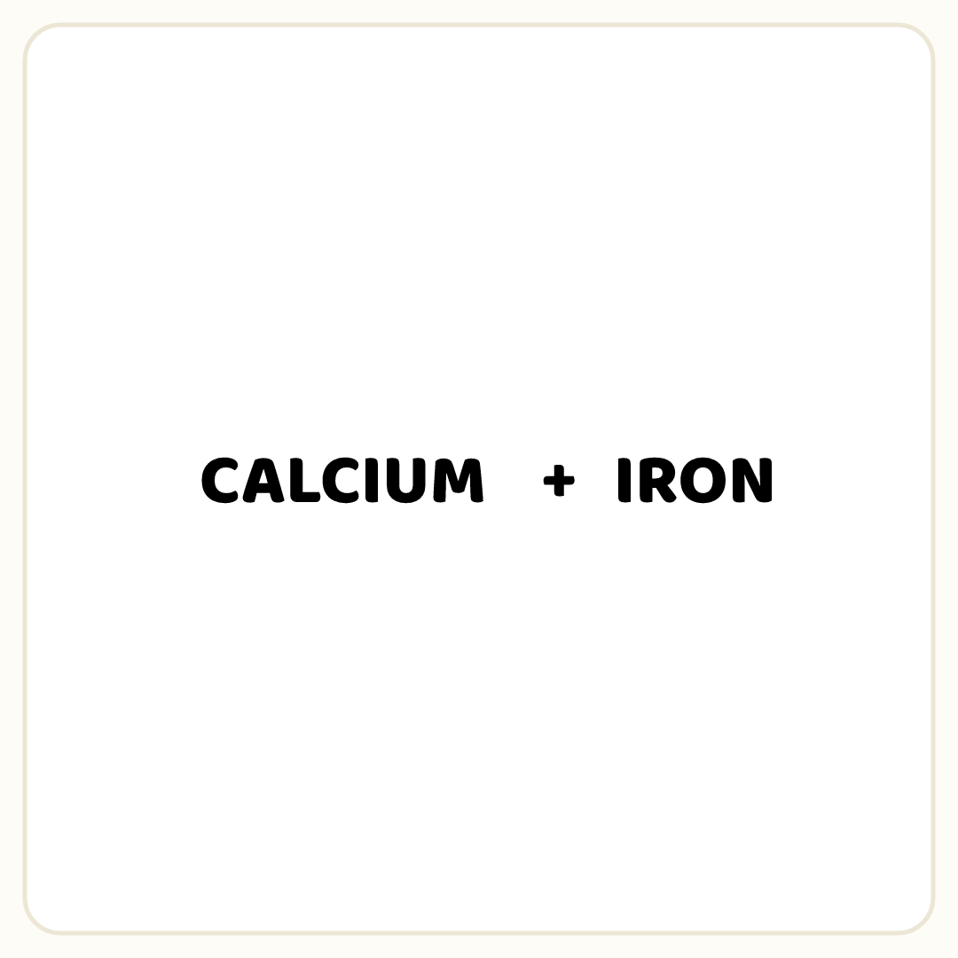 Rebus puzzle: the word &quot;CALCIUM&quot;, then the symbol &quot;+&quot;, then the word &quot;IRON&quot;
