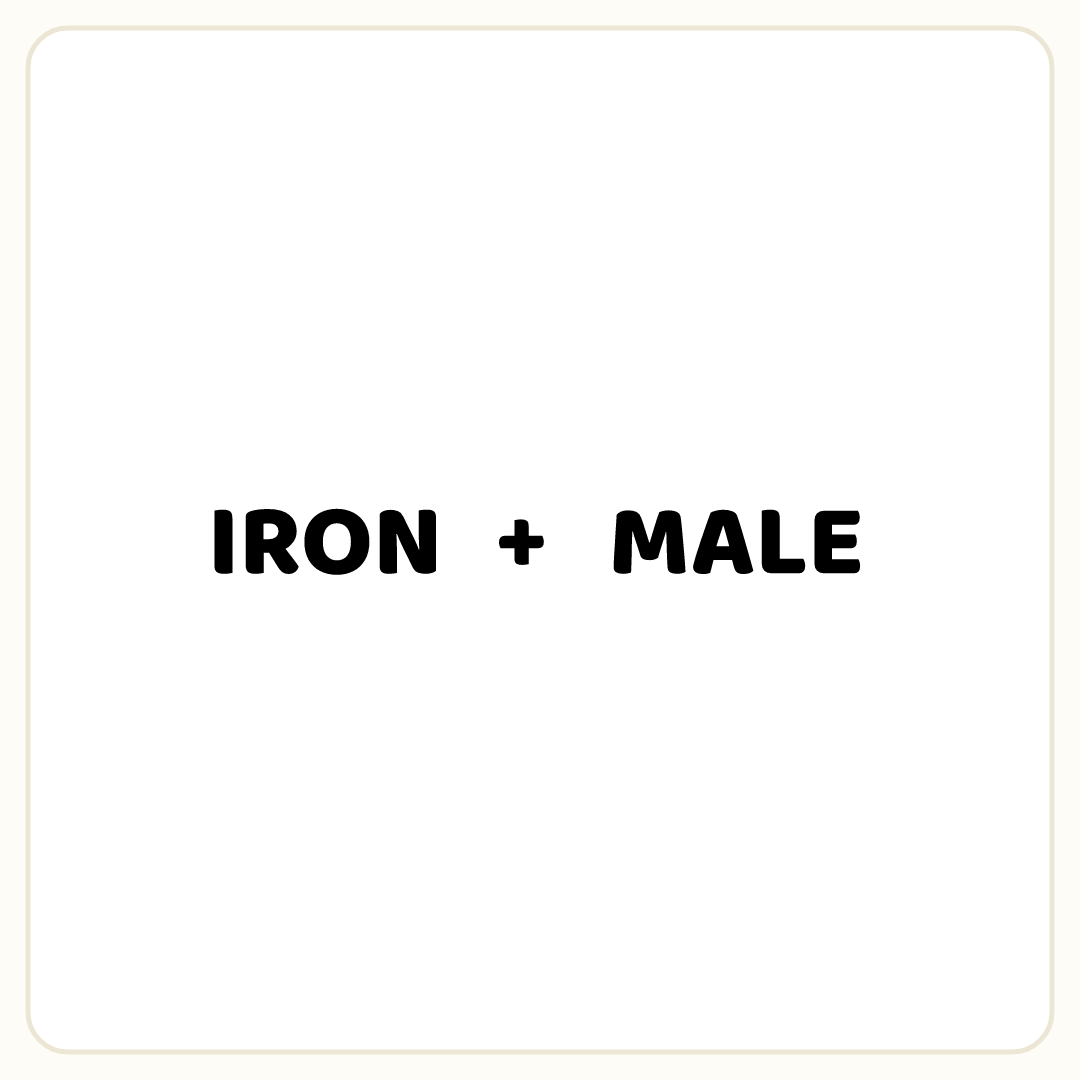 Rebus puzzle: the word &quot;IRON&quot;, then the symbol &quot;+&quot;, then the word &quot;MALE&quot;