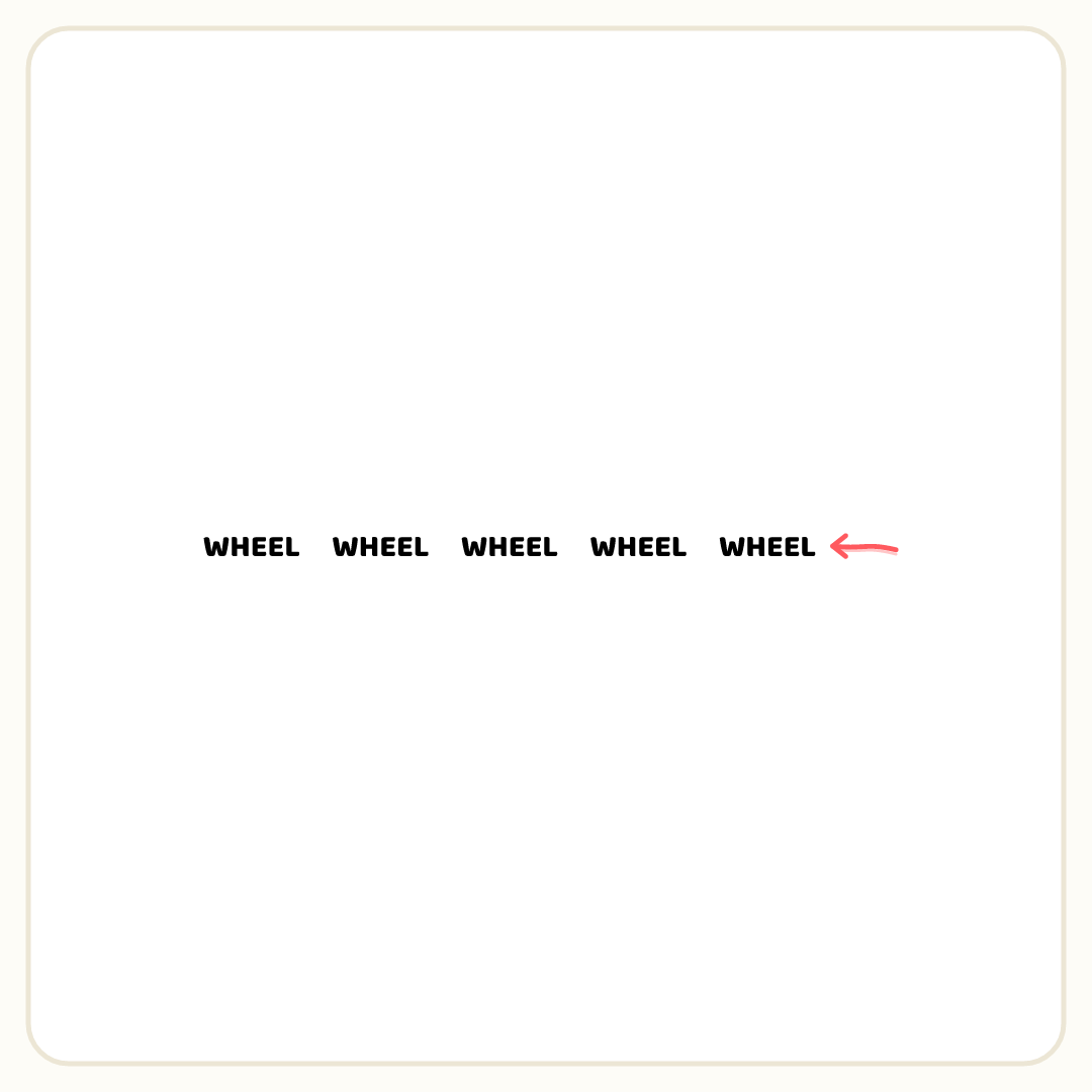Rebus puzzle: the word &quot;WHEEL&quot; repeated 5 times in a row; a pencil arrow points at copy number 5