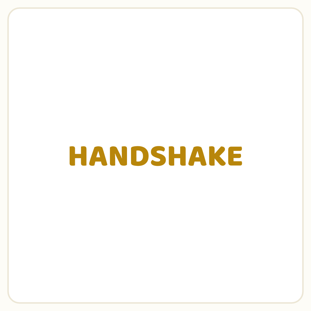 Rebus puzzle: the word &quot;HANDSHAKE&quot; printed very large, printed in gold ink