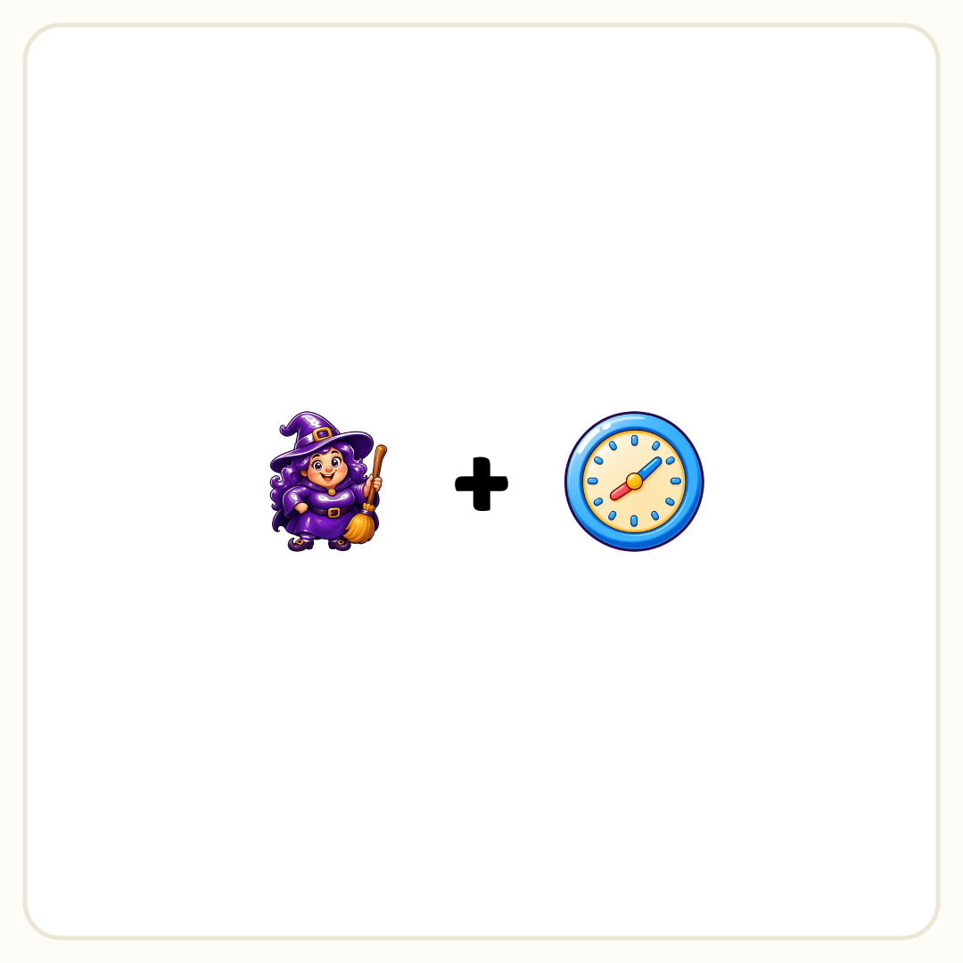 Rebus puzzle: a picture of a witch, then the symbol &quot;+&quot;, then a picture of a clock