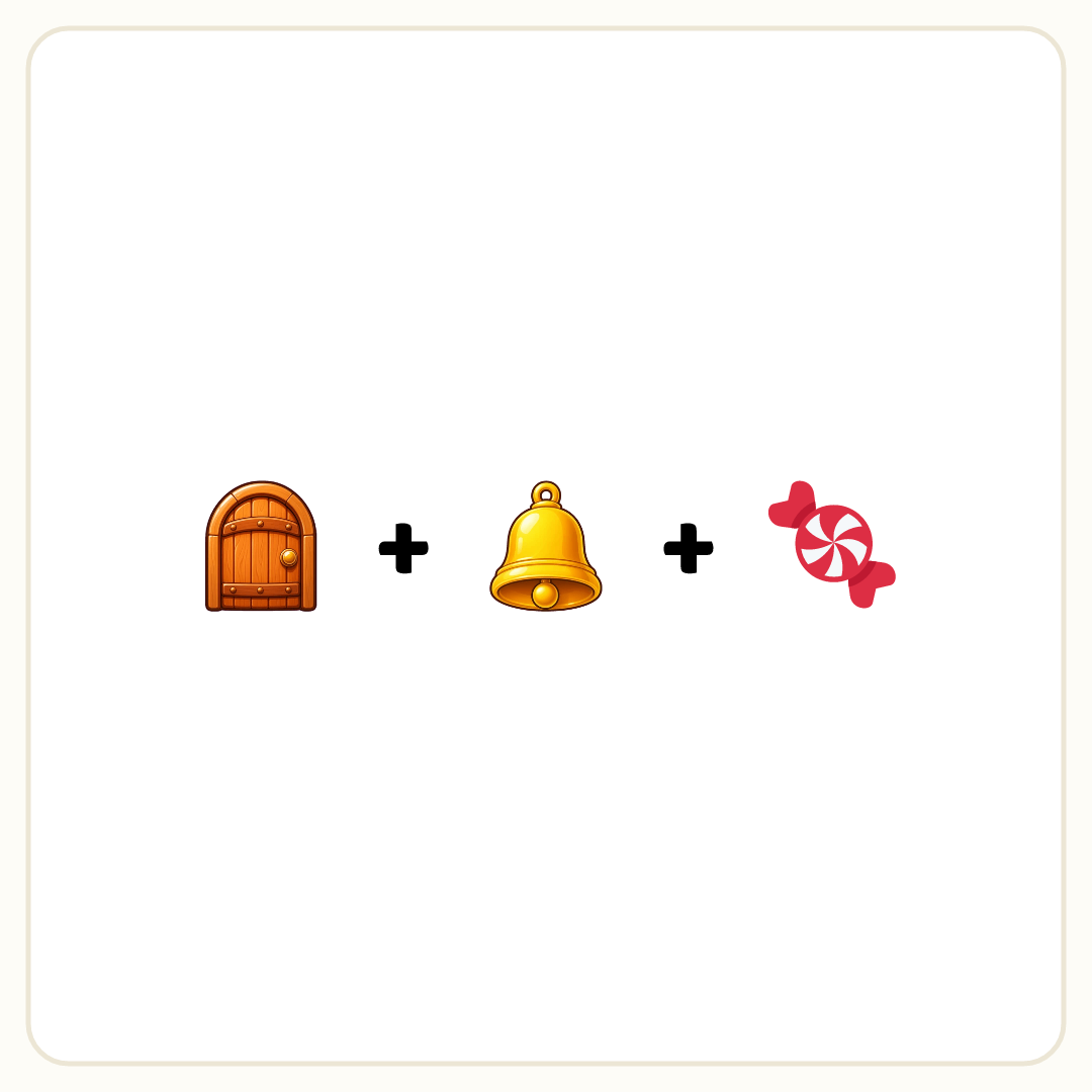 Rebus puzzle: a picture of a door, then the symbol &quot;+&quot;, then a picture of a bell, then the symbol &quot;+&quot;, then a picture of a candy