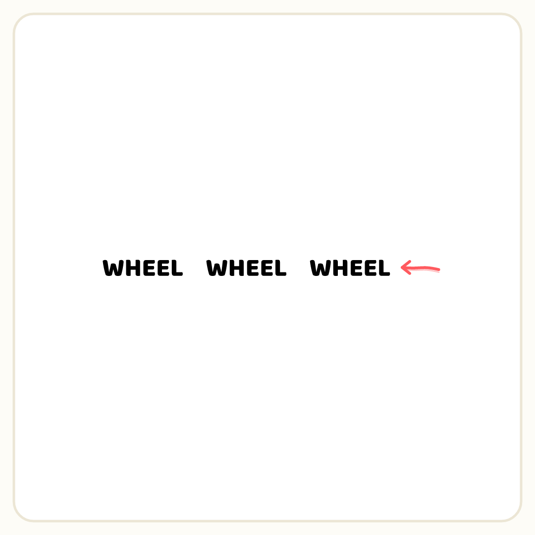 Rebus puzzle: the word &quot;WHEEL&quot; repeated 3 times in a row; a pencil arrow points at copy number 3