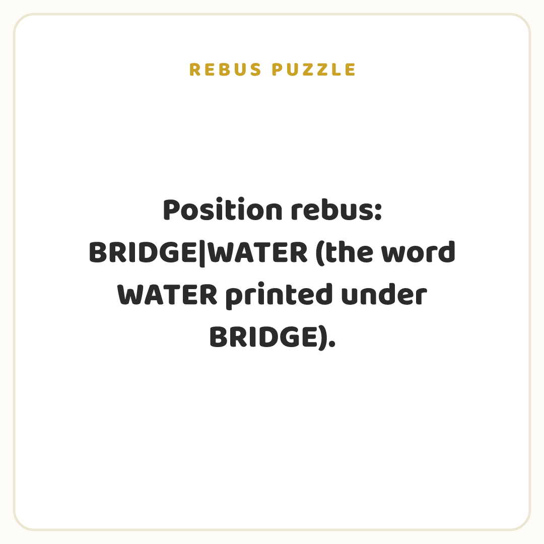 Rebus puzzle: Position rebus: BRIDGE|WATER (the word WATER printed under BRIDGE).