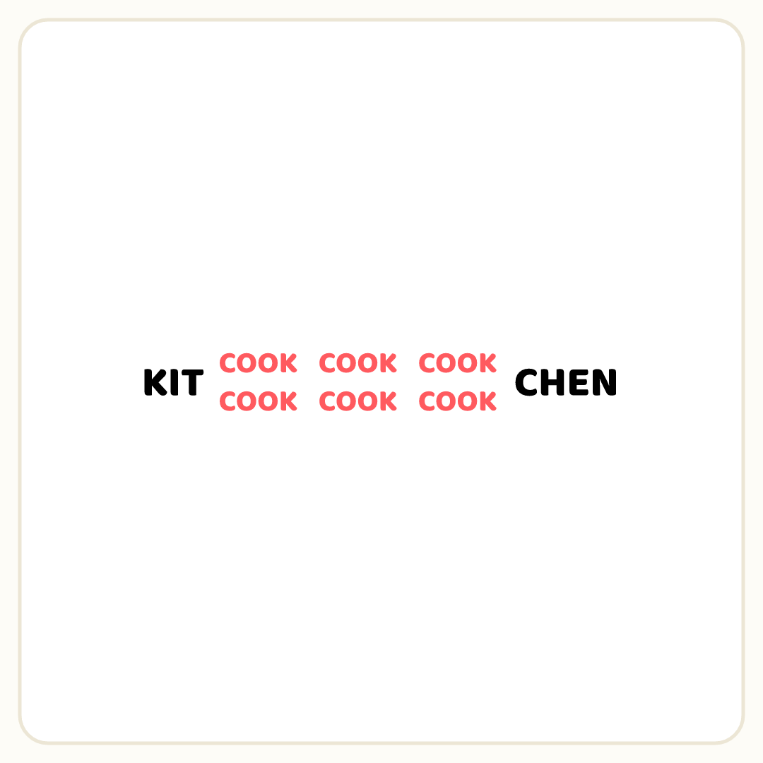 Rebus puzzle: the word &quot;COOK&quot; printed small repeated 6 times in a grid placed inside the word &quot;KITCHEN&quot; (splitting it after letter 3)