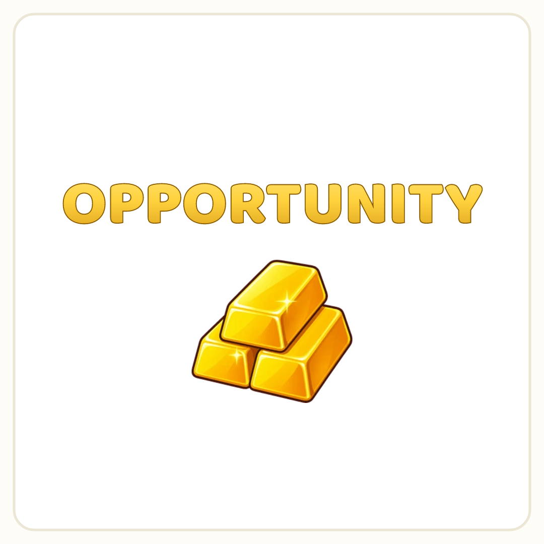 Rebus puzzle: the word OPPORTUNITY written in shining gold letters above a stack of gold bars