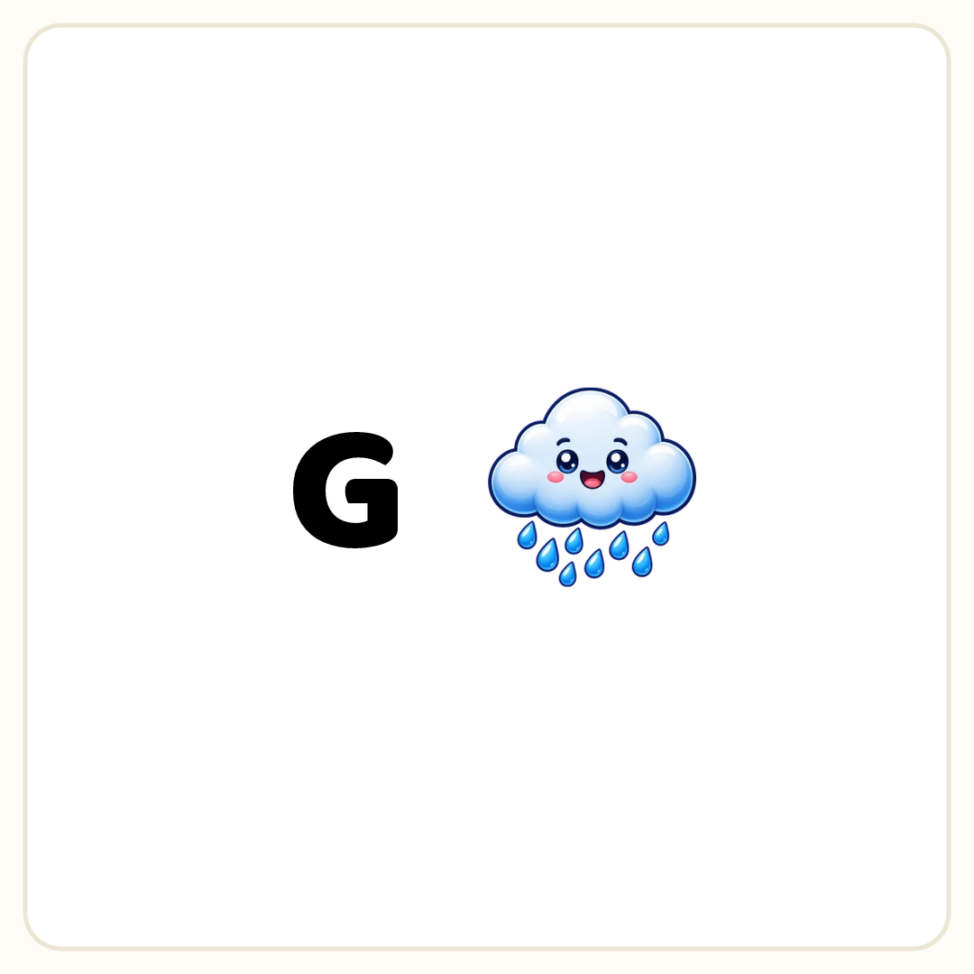 Rebus puzzle: the word &quot;G&quot;, then a picture of a rain